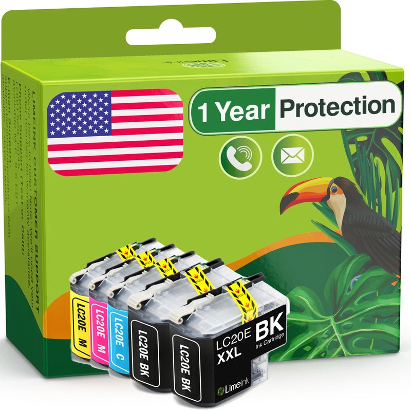 Limeink خراطيش حبر متوافقة من لايمينك بديل لخراطيش حبر براذر LC20e لخراطيش حبر براذر MFC-J985DW J5920DW J775DW J985DWXL خراطيش LC20em LC 20e (BK/C/M/Y) 5 عبوات - Image 1